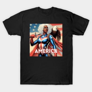 America Black Female Comic Book Superhero Patriotic USA Bald Eagle T-Shirt